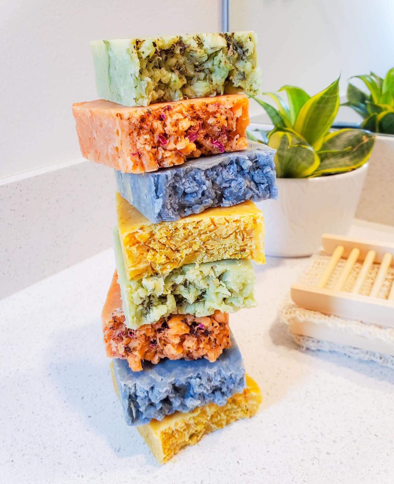 Order of 4 Soap Bars | Gift Box | GET 4 Organic Handmade Soaps + Wooden Soap Holder + Exfoliating Bag